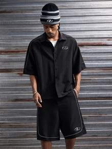 AXEPEAK 男士撞色滚边衬衫和短裤套装 - 黑色 - 查看 7