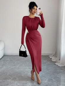 SHEIN Elenzya Women's Elegant Knitted Long Sleeve Dress,Burgundy,Autumn,Dining Metallic Decor Waist Cinched Fitted Vintage Chic French Street Christmas Party Dress - Burgundy - View 5