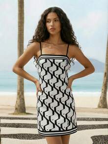 CAJUNI Vacation Casual Geometric Print Camisole Mini Dress - Black and White - View 1