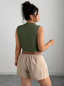 Elenzga Conjunto de 2 piezas de talla grande para mujer con top sin mangas de punto y pantalones cortos tipo A-line con cinturón, conjunto casual de 2 piezas con pantalones cortos, conjunto de 2 piezas de ropa de mujer - Multicolor - Ver 3