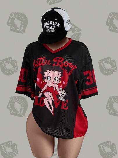 Betty Boop x SHEIN 大码休闲卡通图案V领短袖T恤，夏季