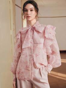 Anewsta 新款女士长袖粉色玫瑰褶皱优雅精致奢华蝴蝶结衬衫，春夏上衣 - 粉色 - 查看 6