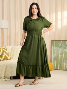 Momelise Đầm maxi dáng chữ A màu trơn dành cho nữ, cổ tròn, thắt eo bằng dây rút và nơ, viền bèo nhún, thích hợp cho mùa xuân/hè. - màu xanh lá - Xem 4