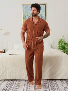 DAZY Herrset med bruna kontrastrandiga loungewear-plagg, vår/sommar - Brun - Visa 3