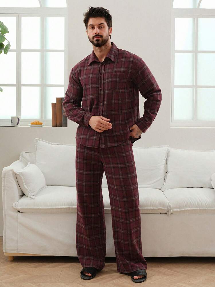Men's Plaid Shirt And Long Pants Pajama Set, Spring/Autumn