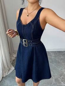 Elenzga Women's Casual Fashion Sleeveless Denim Dress With Waist Buckle Design - Dark Wash - View 6