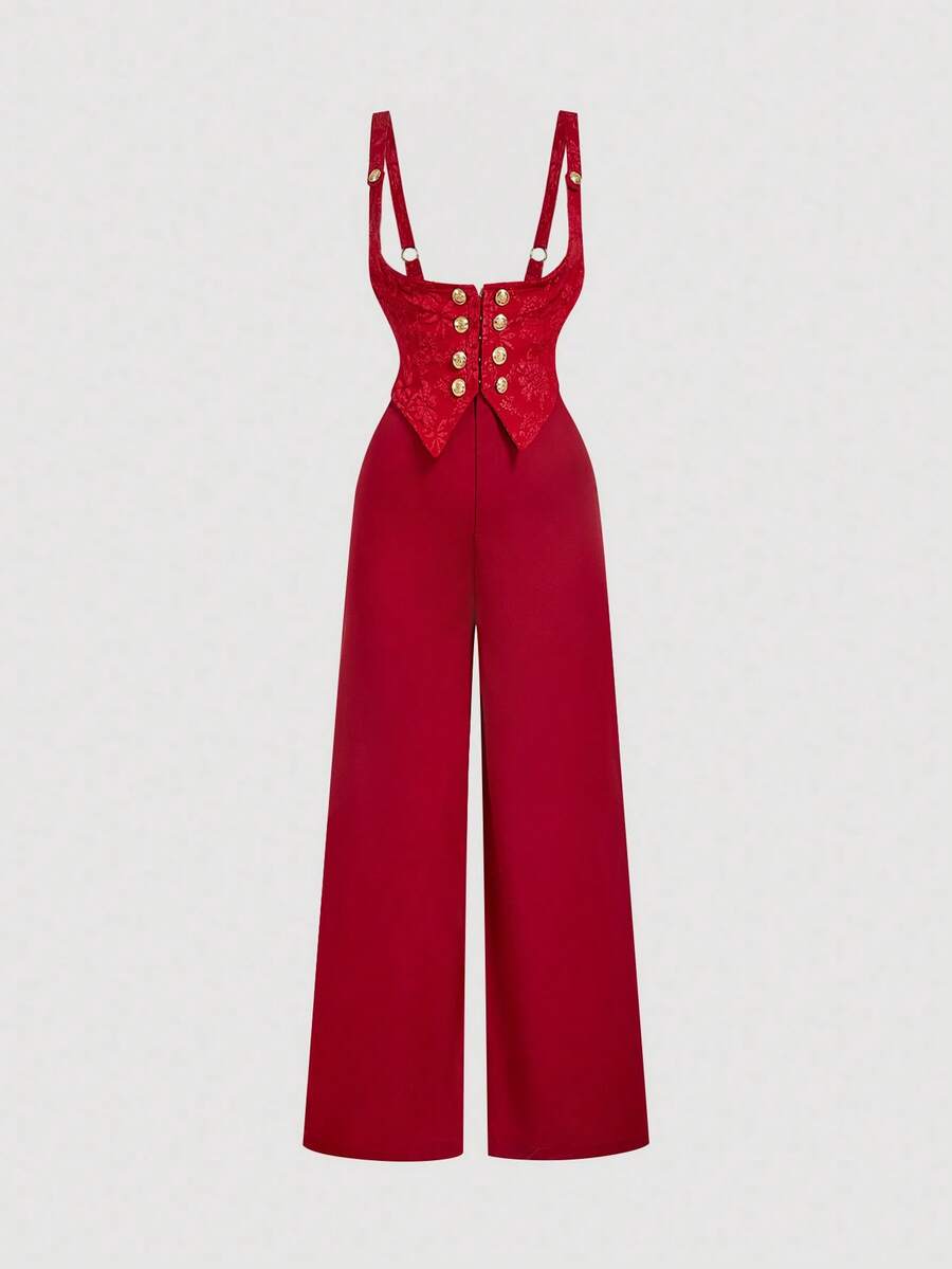 SHEIN MOD Bộ áo liền quần cỡ lớn thanh lịch phối họa tiết jacquard và khóa kim loại. - Đỏ - Xem 1