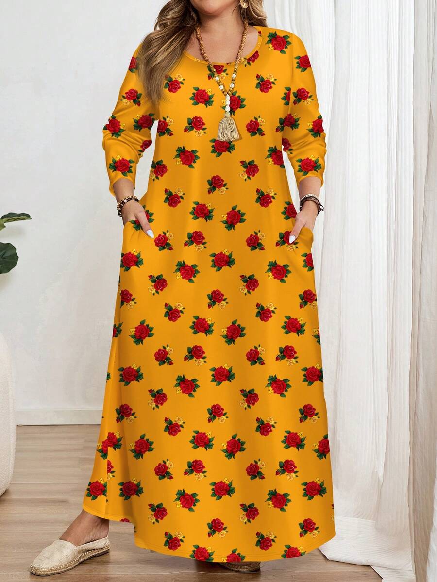 EMERY ROSE Gaun Lengan Panjang Leher Bulat Motif Bunga & Cetak, Cocok Untuk Semua Musim, Gaun Bunga Kuning untuk Karnaval - MultiWarna - View 1