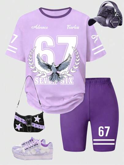 SHEIN ChillGRL 2pcs/Set Casual Fashionable Street Style Oversized Loose Fit Lavender Round Neck Short Sleeve Top With Number 67 & Eagle Print, Paired With Deep Purple Cycling Shorts With Number 67 Print, For Teenage Girls, Spring/Summer
