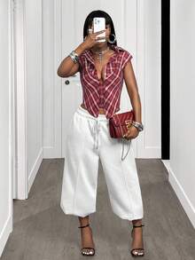 Mistrie 女士格子不对称下摆时尚百搭派对短袖衬衫 - 彩色 - 查看 5