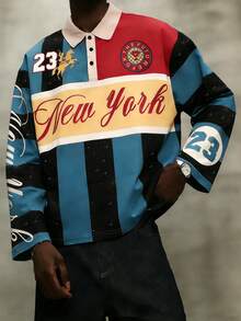 GALLERY FADE Men's Letter Striped Long Sleeve Casual Commuter Polo Shirt, Perfect Holiday Gift For Boyfriend & Husband - Red - View 1