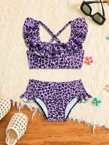 New Fashion Baby Girls Leopard Print Full Coverage Ruffled 2 Pieces Bikini Set Toddler Girl Swimsuit Leopard Print Leopard Bathing Suit Girls Purple Bathing Suit Baby Swimwear For Girl Leopard Print Toddler Girl - Purple - View 3
