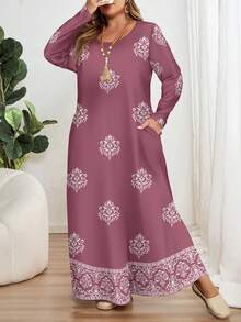 EMERY ROSE Soft Taro Purple, Traditional Elegant Dignified Gold Floral Print Plus Size Retro Print Long Sleeve Round Neck Women Dress, Suitable For Spring; Traditional Arabic Robe Dress Suitable For Spring/Summer Daily, Festivals, Outings, Elegant Long Sleeve Arabic Maxi Dress,Vacation - Multicolor - View 4