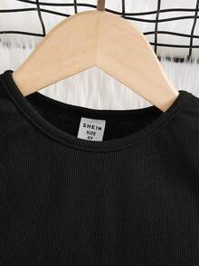 Young Girl Solid Color Round Neck Contrast Mesh Gigot Sleeve Casual T-Shirt - Black - View 5