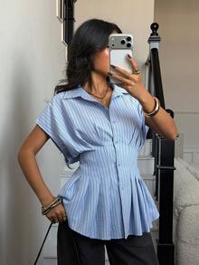 Siren Gaze Women's Striped Print Button Front Casual Short Sleeve Shirt Summer - Blue - View 2
