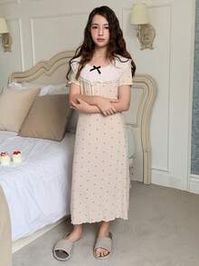 DAZY Áo ngủ tay ngắn cổ bèo nhún in họa tiết chấm bi toàn thân dành cho bé gái tuổi teen. - Màu be - Xem 3