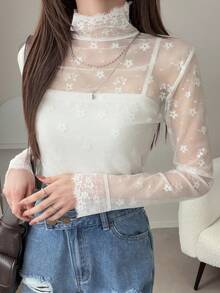 FRIFUL Women's High Neck Lace Fitted Casual Base Layer Top - White - View 3