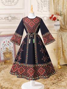 1pc  Geometric Print Robe For Girls, Round Neck Long Sleeve Tassel Waist Belt Decor Patchwork Design Abaya Dress Kids Arabic Dress Modest Long Sleeve Dresses For Girls - Black - View 8