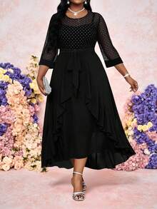 Fleurora 大码水钻装饰薄纱圆领优雅连衣裙 - 黑色 - 查看 4