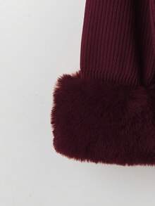 Linhara مجموعة كنزة صوفية كاجوال مريحة بأكمام طويلة وأزرار أمامية مع طوق من الفرو للنساء ذوات الحجم الكبير - عنابي اللون - مشاهدة 4