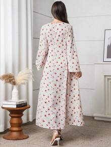 Yasmyna V领印花撞色扎染喇叭袖连衣裙，春夏款 - 粉色 - 查看 2