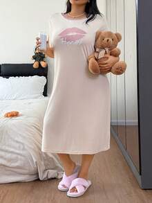 Dream Adore Plus Size Jacquard Knit Embroidered Lip Long Nightgown - Apricot - View 1