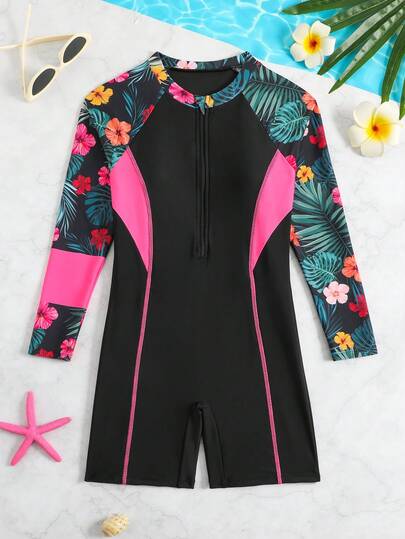 SHEIN Traje de baño de una pieza para niñas con parches florales y unicolor, con cremallera, elástico, de secado rápido y tela de punto cómoda, adecuado para playa, piscina, , surf, vacaciones y viajes de verano