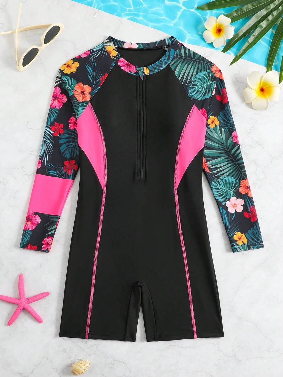 SHEIN 女童连体花卉拼接纯色拉链弹力速干舒适针织面料泳衣，适合海滩、泳池、海边、冲浪、度假、夏季旅行
