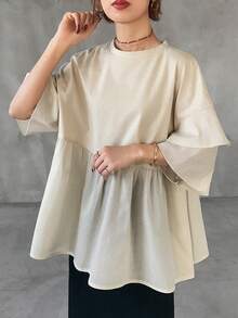 FRIFUL 女士轻薄宽松休闲圆领喇叭袖褶裥腰身纯棉T恤，春夏百搭 - 杏色 - 查看 7