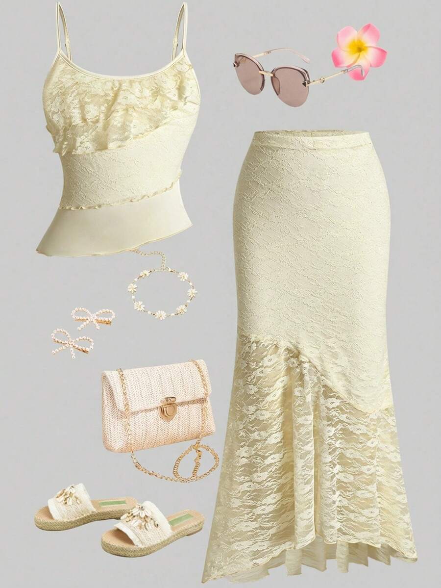 SHEIN Girlism Tween Girl Casual Minimalist Comfortable Asymmetric Hem Camisole & Fishtail Hem Skirt Set - Apricot - View 1