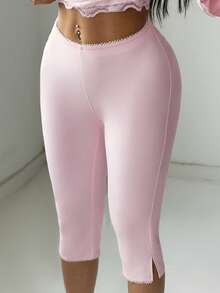 SHEIN EZwear 女士粉色针织紧身七分裤 - 粉色 - 查看 4