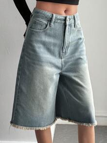 Livesso 女士休闲毛边斜插口袋牛仔短裤 - 淺色水洗藍 - 查看 4