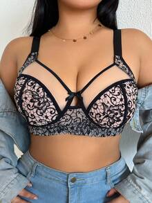DesireSculpt 1件加大码女士花卉刺绣蝴蝶结装饰无钢圈文胸 - 黑色 - 查看 7
