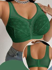 DesireSculpt Plus Size Sheer Mesh Splice Wireless Bra - Army Green - View 4