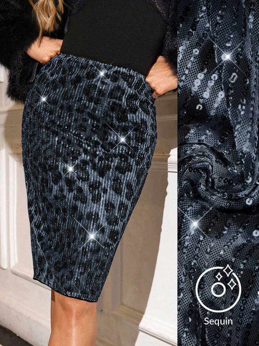 SHEIN Clasi Women's Elegant Leopard Print Sequin Sexy Bodycon Party Skirt - Grey - View 1