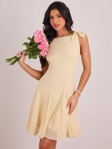 Enchnt 女士纯色打结肩部设计无袖时尚迷你连衣裙 - 淡黃色 - 查看 4