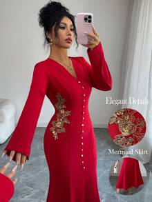 Elenzga Vestido de mujer con cuello en V, cintura ceñida y bajo de cola de sirena con decoración floral, vestido largo romántico para el Día de San Valentín - Rojo - Ver 1