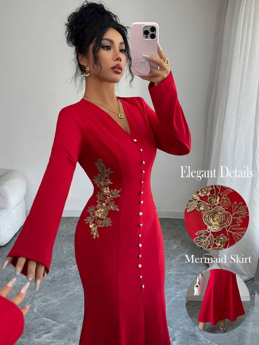 Elenzga Vestido de mujer con cuello en V, cintura ceñida y bajo de cola de sirena con decoración floral, vestido largo romántico para el Día de San Valentín - Rojo - Ver 1