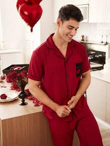 CoupledUp Contrast Color Heart Embroidery Pocket Men's Polo Collar Short Sleeve Pajama Set - Burgundy - View 4