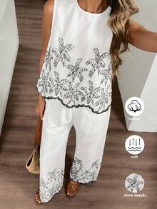 Elyressa 女士棕榈树印花圆领背心和裤子休闲套装，度假装 - 白色 - 查看 8