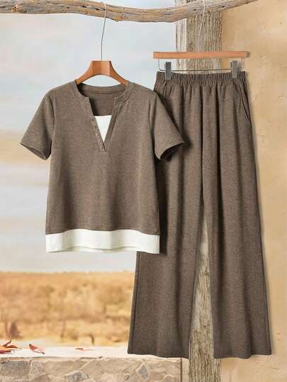 Rusticease 女士休闲撞色翻领短袖T恤搭配松紧腰阔腿裤两件套，春夏秋季
