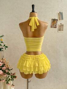 Soleia 女士度假浪漫雪纺褶皱多层裙摆半身裙，适合海滩、海边、性感、约会、海滩度假、假日、下午茶、婚礼季、海滨邮轮度假、城市度假、波西米亚风度假、音乐节、嬉皮风、西部风情等场合。 - 淡黃色 - 查看 2