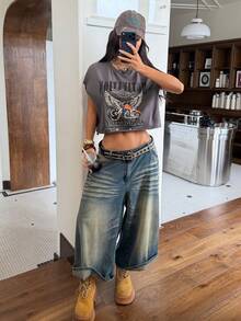 SHEIN EZwear 印有“Bikercore”字样和摩托车翅膀图案的T恤 - 灰色 - 查看 5