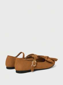 ROMWE Kawaii Women's Fashionable & Sweet Bow Decor Flats For Christmas Valentine's Day - Yellow brown suede - View 4