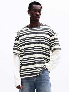 SUMWON Men's Regular Fit Long Sleeve Layered Striped Crew Neck T-Shirt With Contrast Sleeves For Casual Everyday Wear - Multicolor - View 4