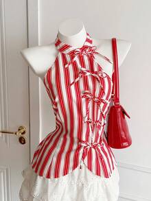 Comfortcana 女士条纹前系带时尚露背吊带衫 - 紅色 - 查看 1