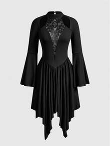 ROMWE SpringGothic Style Off-Shoulder Mesh Patchwork Deep V-Neck Flare Sleeve Asymmetrical Hem Women's Mini Dress - Black - View 6