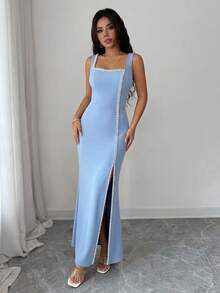 Elenzga 女士优雅正式礼服，无袖珍珠装饰修身美人鱼连衣裙，适合派对穿着 - 水藍色 - 查看 4