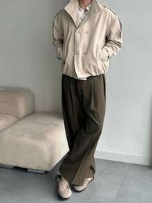 DAZY Cortavientos de hombre de cintura suelta y dobladillo con cordón, unicolor, para primavera/otoño - Caqui - Ver 8