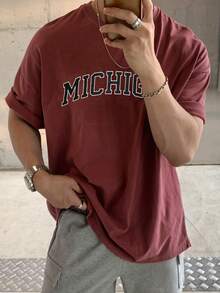 DAZY 男士红色字母印花圆领T恤，夏季款 - 紅色 - 查看 5